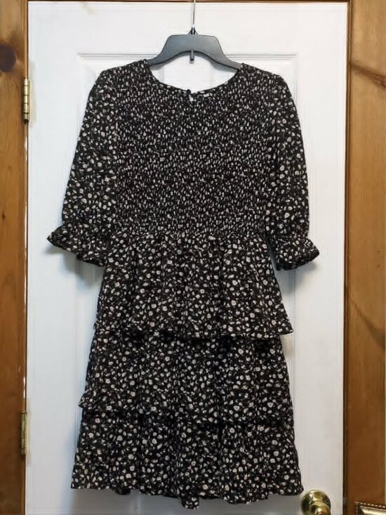 Source Unknown Dresses & Skirts - Smocked Chiffon Tiered Ruffle Dress Sz L Black Floral Romantic Whimsigoth Forest